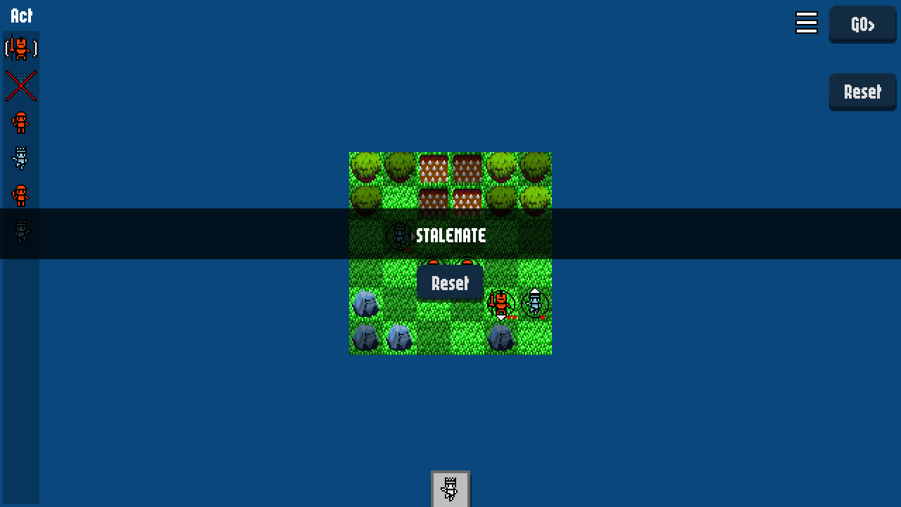 A screenshot of OneTurnTactics. The game has come to a stalemate because red and blue units remain. A screenshot of OneTurnTactics. The game has come to a stalemate because red and blue units remain.