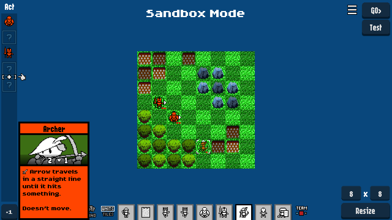 A screenshot of OneTurnTactics. It shows the sandbox mode, with a full hand of every unit across the bottom, and a level in-progress in the middle of the screen. A screenshot of OneTurnTactics. It shows the sandbox mode, with a full hand of every unit across the bottom, and a level in-progress in the middle of the screen.